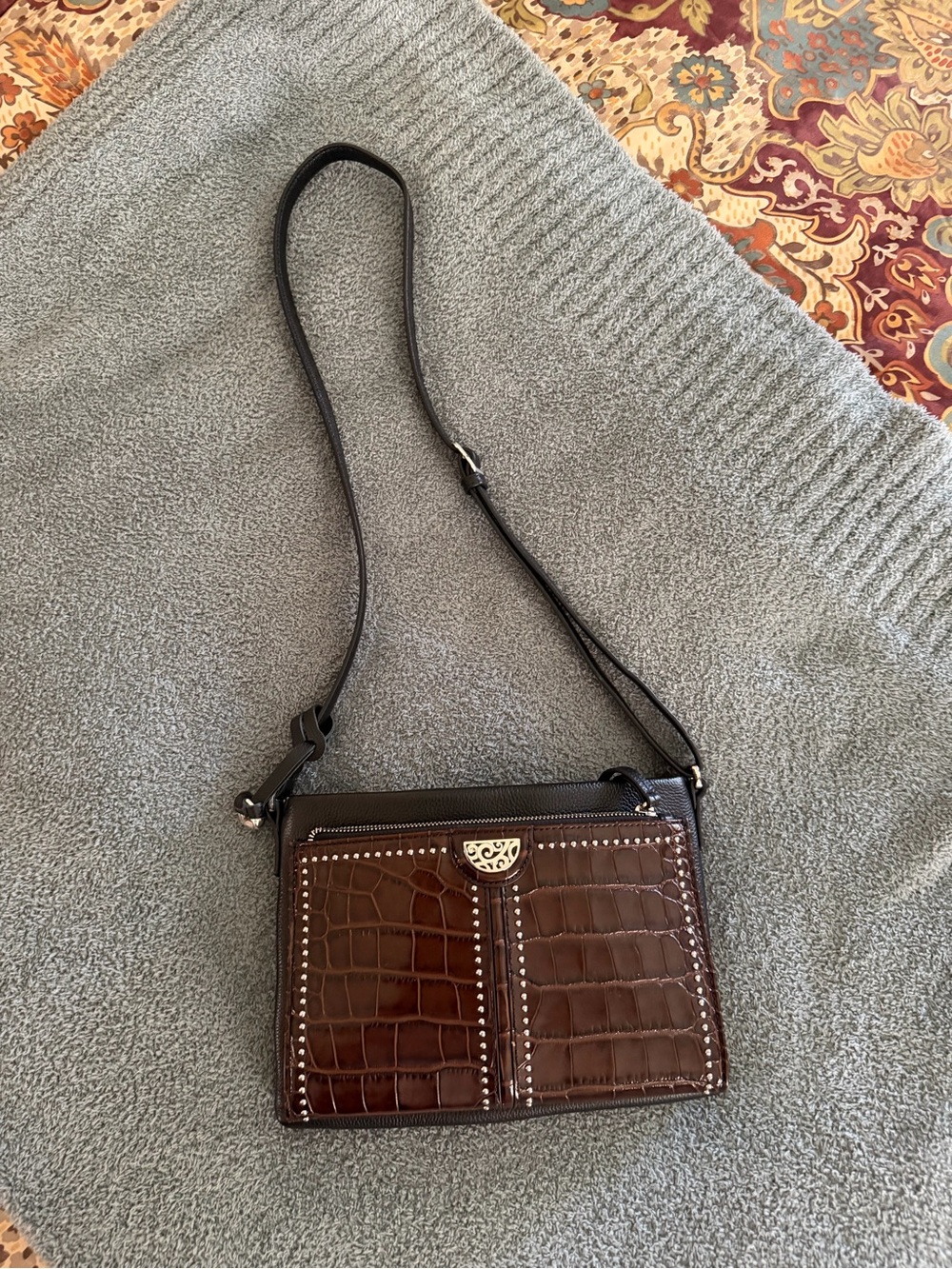 Brighton Brown Croc Embossed Crossbody Bag Studded Leather Unused